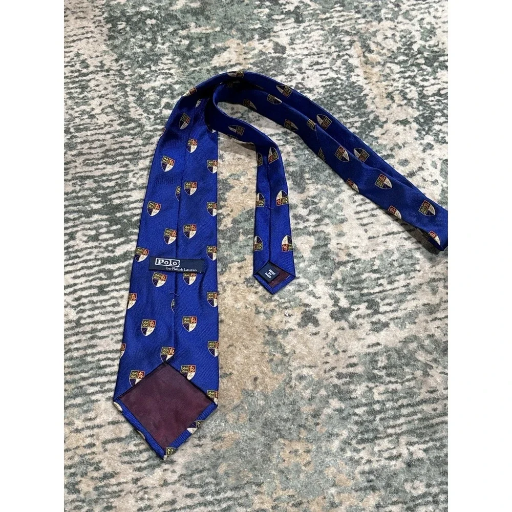 Genuine Polo Ralph Lauren Club Silk Tie - Blue With Shields Hand Made Silk USA